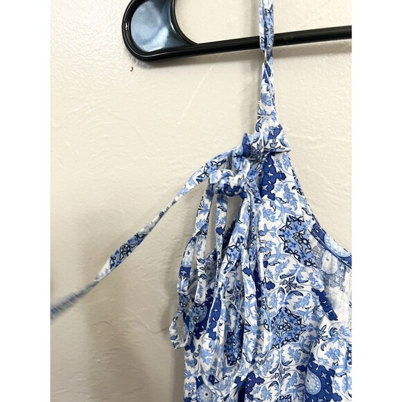 Loft Tiled Strappy Flounce Maxi Dress Linen Boho Blue Women's Medium Tiered - Picture 6 of 8